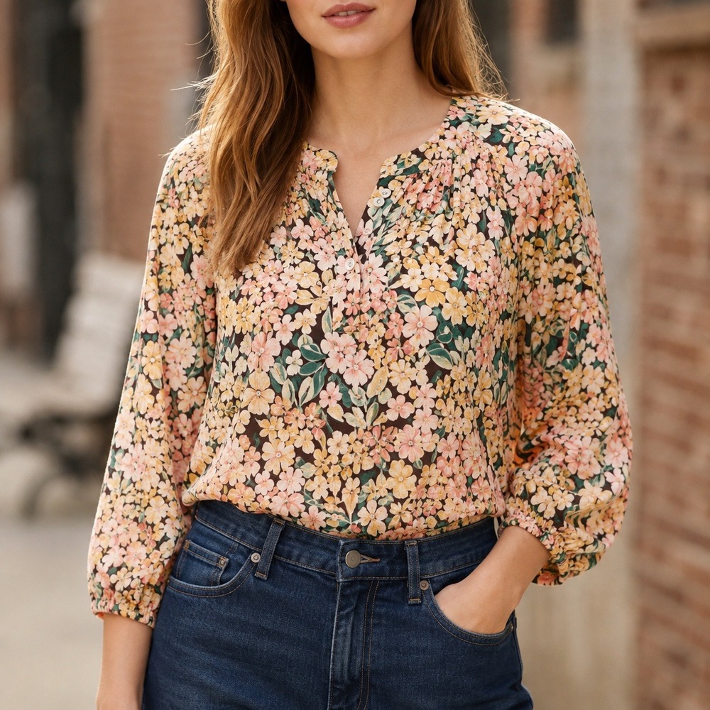Banana Republic Floral Peasant Blouse Petite Small Long Sleeve Boho Top